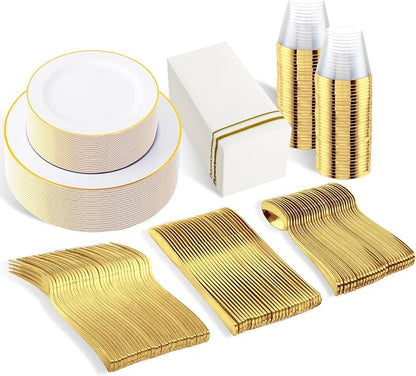 SUT 350 PCS Elegant White and Gold Disposable Dinnerware Set