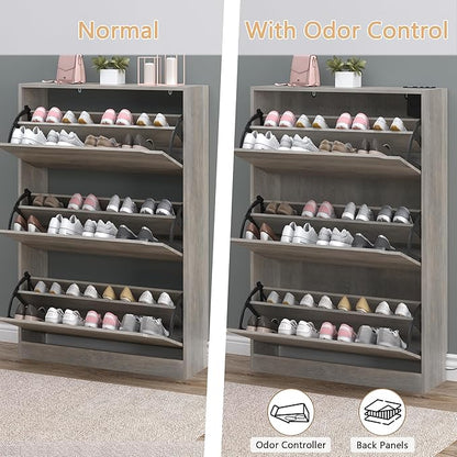 Shoe Cabinet with Odor Control and Back Panels, Deodorizing Slim 3-Flip Shoe Storage Cabinet for Entryway, Freestanding Hidden Shoe Rack Organizer for Entrance, Hallway, Bedroom