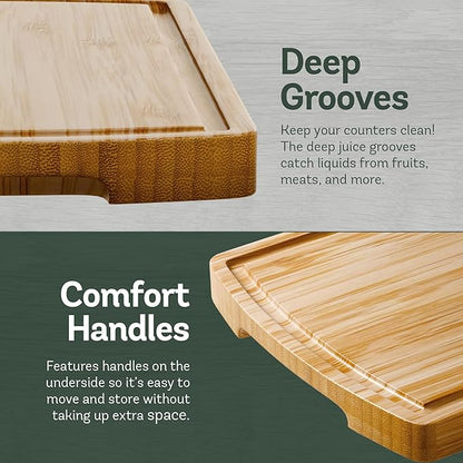 Wood Cutting Boards for Kitchen - Bamboo Cutting Board Gift Set with Deep Juice Groove & Side Handles - Chopping Board Butcher Block for Meat, Vegetables, Charcuterie, Cheese, Serving, or Meal Prep