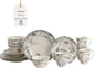 222 Fifth Adelaide 16-Piece Casual Grey Porcelain Dinnerware Set – Service for 4, Classic Toile Bird & Floral Design, Microwave & Dishwasher Safe, for Everyday Dining & Entertainment
