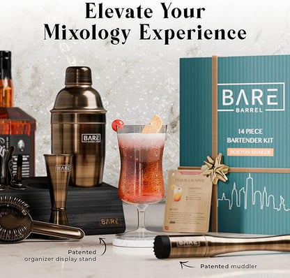 BARE BARREL® Mixology Bartender Kit Bar Set | 14-Piece Cocktail Shaker Set | Martini Barware Mixing Tools for Home Bartending | Incl. 35 Recipe Cards | Gift Set (24oz Cobbler Shaker, Brass/Black)