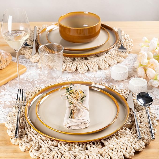 LERATIO Ceramic Dinnerware Sets for 4,12 Pieces Poreclain Plates and Bowls Sets,Scratch Resistant Dishes,Dishwasher & Microwave Safe,Oven Safe Dishes Set,Service for 4-Kahki