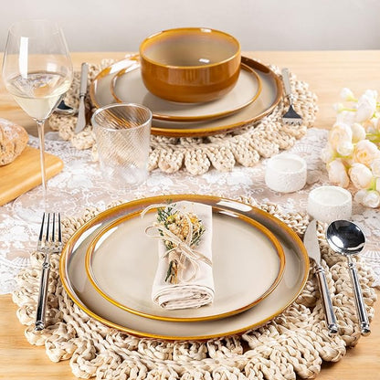LERATIO Ceramic Dinnerware Sets for 4,12 Pieces Poreclain Plates and Bowls Sets,Scratch Resistant Dishes,Dishwasher & Microwave Safe,Oven Safe Dishes Set,Service for 4-Kahki