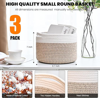 Small Storage Baskets for Organizing, Organizer Baskets for Shelves, Small Woven Basket for Storage, Cute Brr Basket for Gifts Empty, 9.7"×9.7"×7" (3 Packs) Off White & Brown