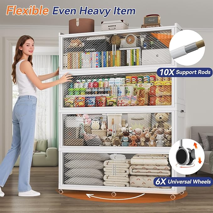 320 Gallon Extra Large Collapsible Storage Bin with Lid, 1280QT Stackable Plastic Organizer with 6x Wheels, Foldable Drawer Cabinet for Closet, Living Room Office Dorm 4Pack, White