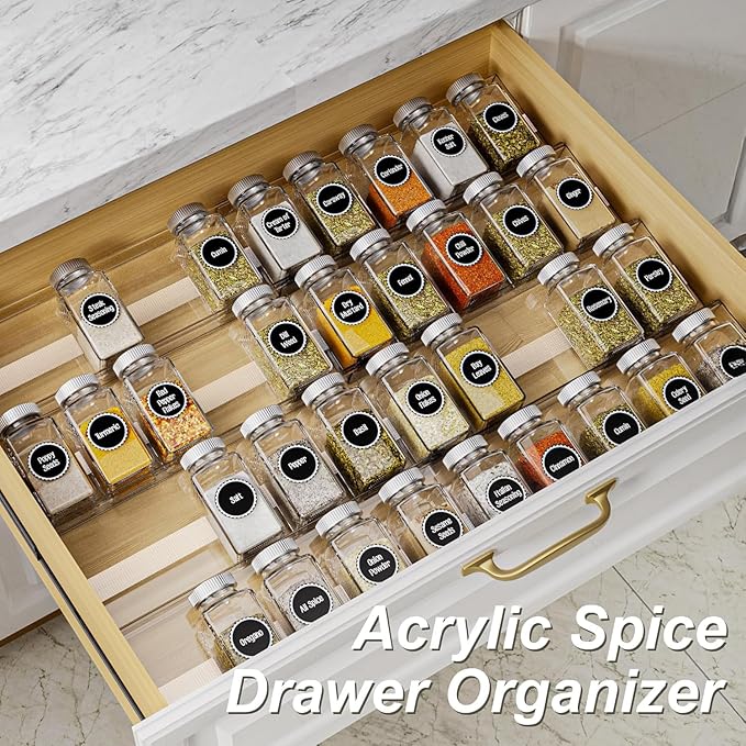 MIUKAA Acrylic Spice Drawer Organizer, 2 Tier - 4 Pack Seasoning Organizer for Drawer, Expandable From 13" to 26" Kitchen Drawer Spice Rack with Slip-Proof Mat (Jars not Included)