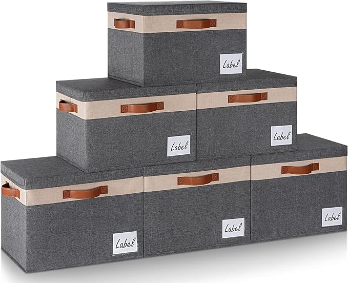 GhvyenntteS Large Storage Bins with Lids 6 Pack, Large Closet Storage Bin with Lid and 3 PU Handles, Foldable Fabric Storage Boxes with Label Window for Home Office (Beige, 15" x 11" x 9.7")