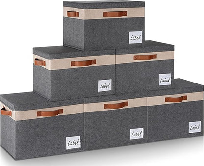 GhvyenntteS Large Storage Bins with Lids 6 Pack, Large Closet Storage Bin with Lid and 3 PU Handles, Foldable Fabric Storage Boxes with Label Window for Home Office (Beige, 15" x 11" x 9.7")