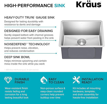 Kraus KHU101-21 Standart PRO 16 Gauge Undermount Single Bowl Set (4 Item Bundle: Sink, Bottom Grid, Drain Assembly, Kitchen Towel), 21 Inch, Stainless Steel