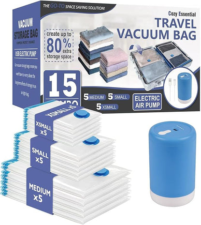 Cozy Essential 15 Pack Travel Vacuum Storage Bags with Portable Electric Pump, Suitase Vacuum Seal Space Saver Bags for Clothing and Luggage Compression