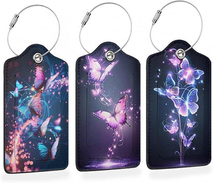Dream Starlight Butterfly 3 Pack Luggage Tags for Suitcases, Colorful Butterfly PU Leather Luggage Tag for Travel, Bag Tags with Privacy Name ID Card and Steel Loop for Women Men