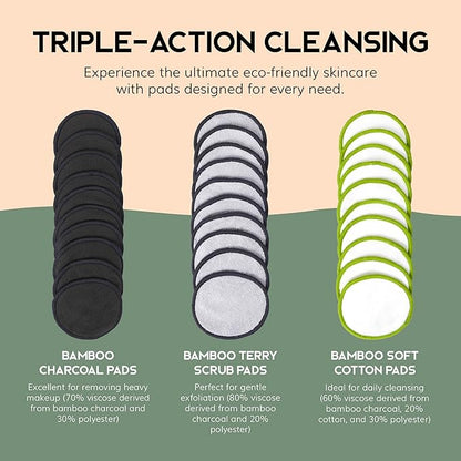 Greenzla Reusable Makeup Remover Pads, Washable Bamboo Cotton Rounds with Mesh Laundry Bag, Travel Pouch, Pad Holder - Reusable Cotton Rounds for All Skin Types - Perfect for Face Care, 30 Pack