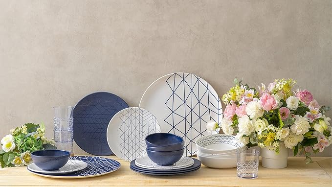 bzyoo 12 Piece Melamine Dinnerware Set - Durable, Dishwasher Safe Plates and Bowls - Dinning, Parties, Camping Dish Set Spidy Blue Collection