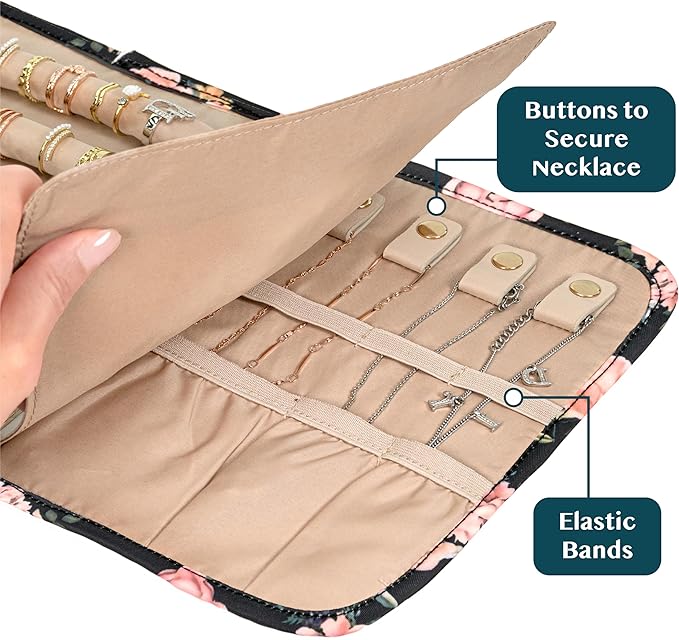 Pavilia Foldable Jewelry Organizer - Travel Roll Bag with Compartments for Earrings, Rings, Necklaces, Bracelets - Packing Accessory