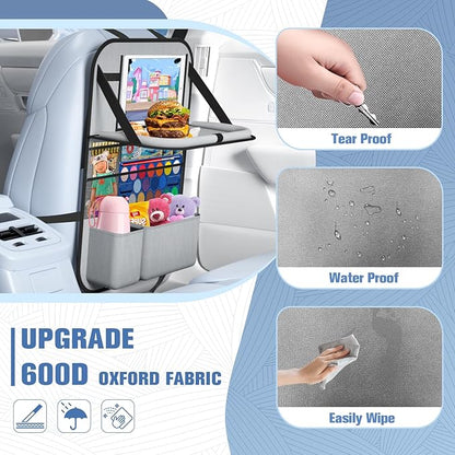 2PACK-Car Backseat Organizer with Touch Screen Tablet Holder,9 Storage Pockets Storage Organizer with Foldable Food Tray, Protector Kick Mats for Kids, Travel Accessories Organizer (Grey)