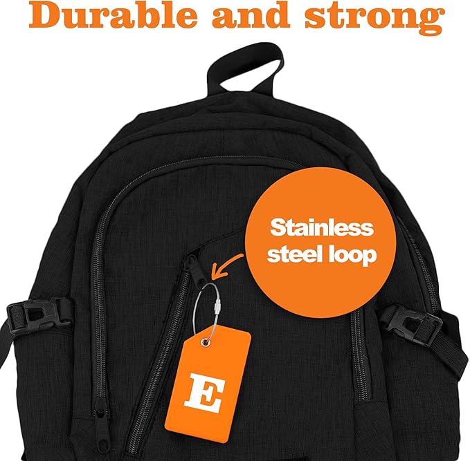 8 Pcs Luggage Tags for Suitcases, 26 Initial Letter Travel Luggage Baggage Identification Labels ID Tags Fully Bendable Tags with Stainless Steel Loop (Letter E, Colorful)