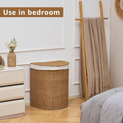 Wicker Half Moon Laundry Basket with Lid and 2 Replaceable Liner Bags, Handwoven Rattan Hamper for Dirty Clothes, Rattan, 90L