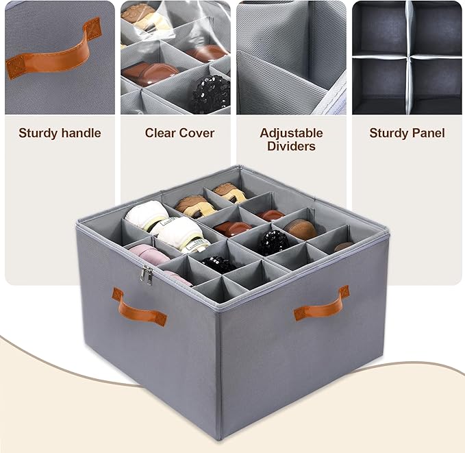 Shoe Organizer for Closet, Fits up to 16 Pairs Shoe Storage, Clear Foldable Shoe Containers Boxes Bins Baskets with Adjustable Dividers and Clear Cover Grey