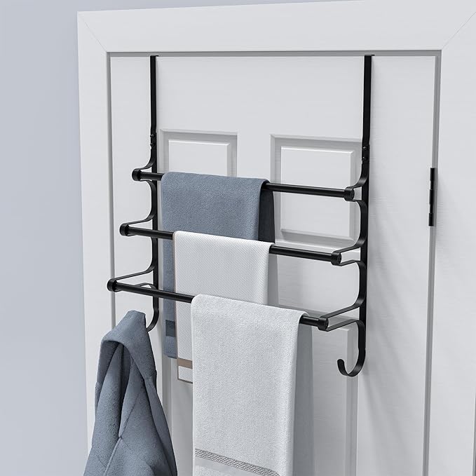 Over The Door Towel Rack, Over Door Towel Rack for Bathroom Door, Triple Towel Storage Holder with Hooks (Matte Black, 17.32" L)