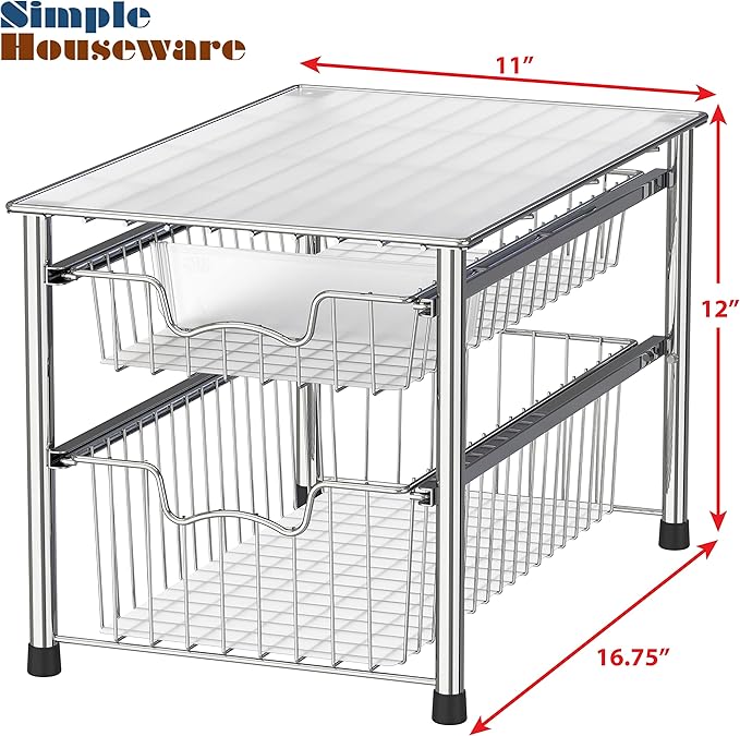 Simple Houseware Stackable 2 Tier Sliding Basket Organizer Drawer, Chrome