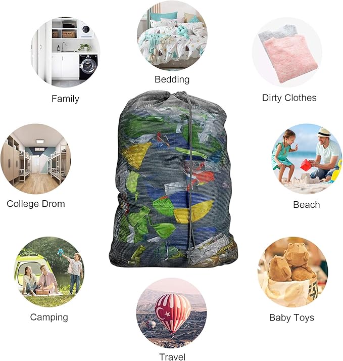 Laundry Bags, Mesh Heavy Duty 24" x 36" with Drawstring Closure, 3-Pack, Black