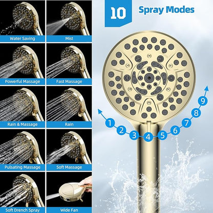 Hibbent All Metal Shower Head, 10'' High Pressure Rain Shower Head, Handheld Showerhead Combo, 16'' Adjustable Shower Extension Arm, 10 Sprays, 71'' Hose, Adhesive Showerhead Holder, Polished Brass