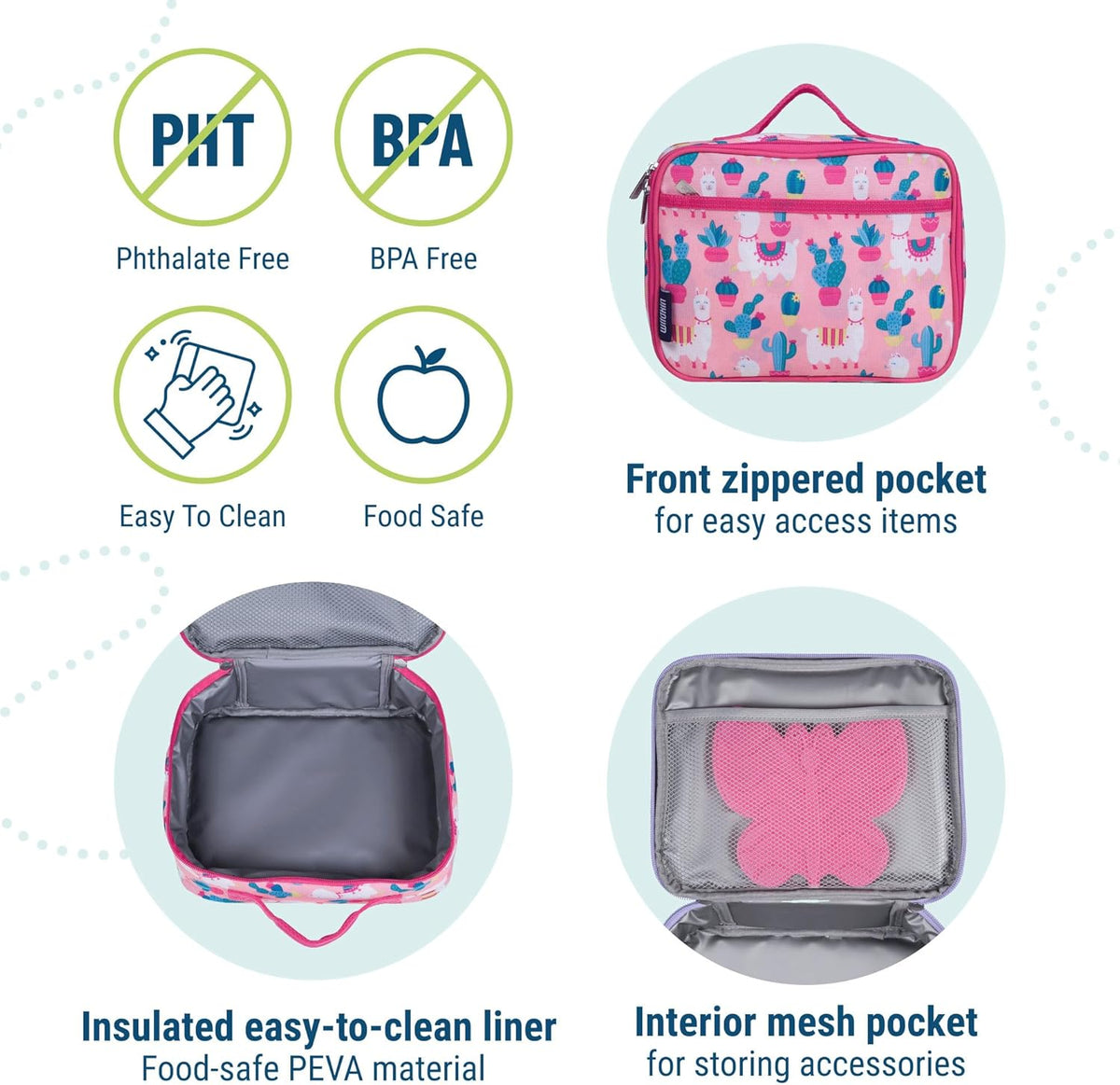Wildkin Kids Insulated Lunch Box – Durable and Reusable for School & Travel - Llamas and Cactus