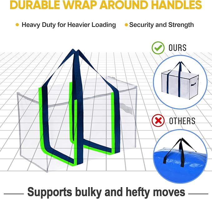 VENO 6 Pack Moving Bags, Heavy Duty, Moving Boxes Alternative, Packing Storage Supplies for Dorm Room Essentials with Zipper for Clothes, Extra Large Totes for Packaging (Clear, 6 Pack)