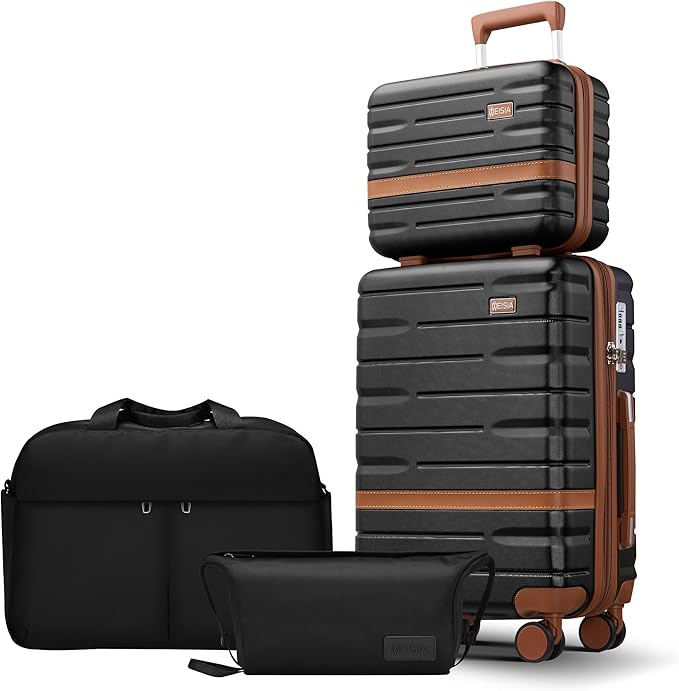 Luggage Sets 4 Piece with TSA Lock Hardside PC+ABS Carry On expandable Suitcase with Spinner Wheels Lightweight Rolling Travel Luggage Sets with YKK Zippers(Black, 4 Piece Sets(14/20/DB/TB))