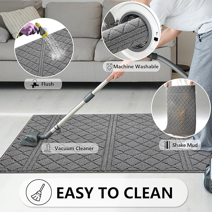 REFETONE Indoor Doormat, Front Back Door Mat 36"x59" Absorbent Rubber Backing Non Slip Door Mats, Low-Profile Resist Dirt Entrance Rugs, Machine Washable Door Rug Inside Floor Mat for Entryway, Grey