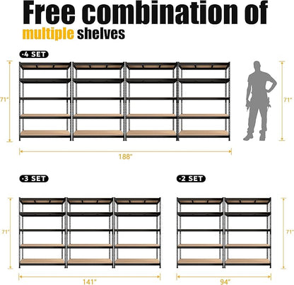 PrimeZone 8 Pack Heavy Duty Storage Shelves - 47" W x 18" D x 71" H 5 Tier Adjustable Garage Storage Shelving, Metal Storage Utility Rack Shelf Unit for Warehouse Pantry Closet Kitchen, Black