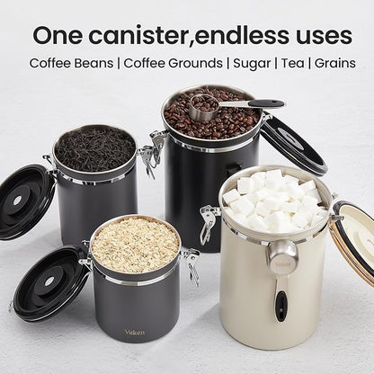 Veken Coffee Canister, 39OZ Large, Airtight Stainless Steel Food Storage Container for 2.2lbs Coffee Beans, Ground, Sugar, Tea, Flour, Cereal, Kitchen Bar Accessories with Date Tracker & Scoop, Cream