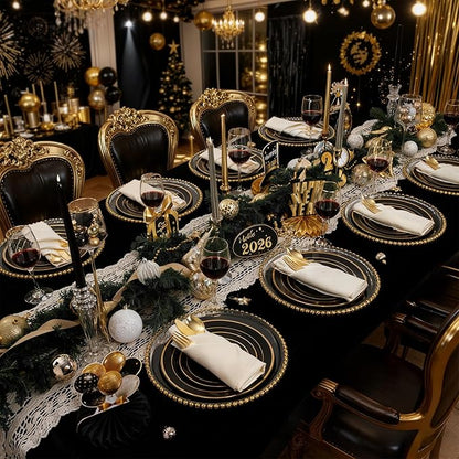 WDF 200PCS Black and Gold Plastic Plates - Black Plates Disposable for Party - Heavy Duty Plastic Plate for New Year