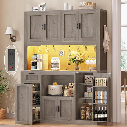 Itaar 71" Pantry Cabinet with Charging Station and LED Light, Kitchen Pantry Cabinet with Microwave Stand, 47.2" Wide Kitchen Storage Cabinets with Storage Cart 3 Tier for Dining Room, Grey