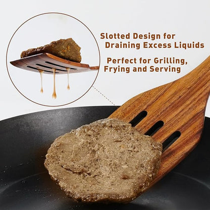 FJNATINH Wooden Slotted Spatula for Cooking, Nonstick Teak Slotted Turner, Flat Wooden Kitchen Cooking Spatula Turner for Frying Flipping Kitchen Utensil Pancake