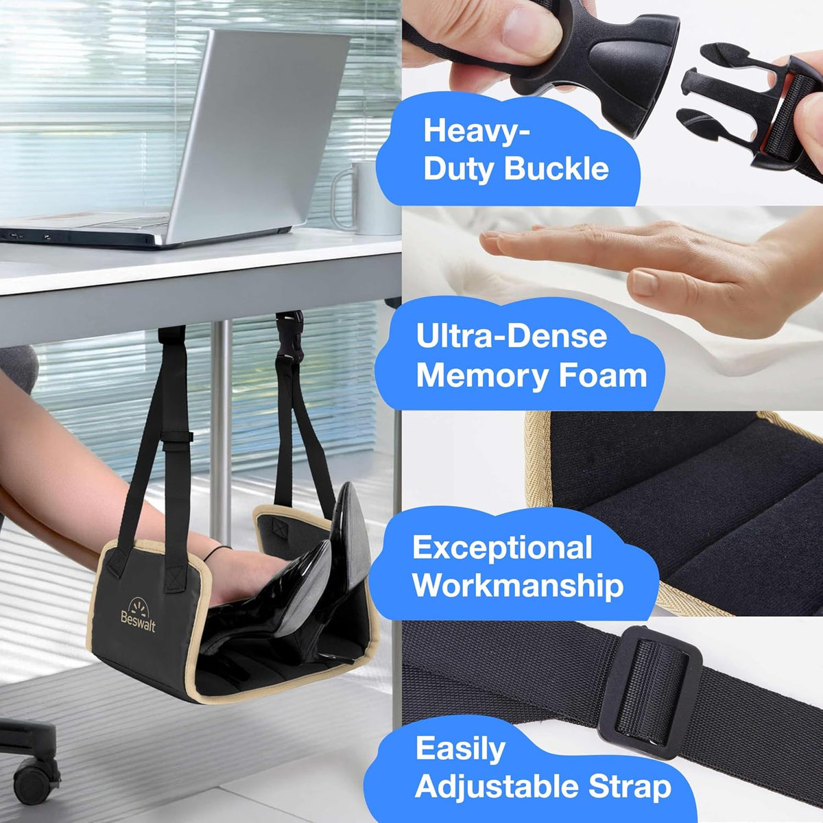 Portable Airplane Foot Hammock for Plane Travel with Memory Foam & Hardboard for No Feet or Leg Clashing - Long Flight Air Travel Essentials to Relax Feet Rest Flying Overseas by Beswalt (Black)