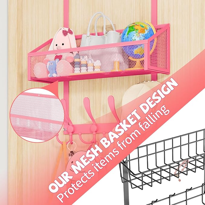 Over The Door Hooks Organizer, Coat Rack Over The Door Storage Hanger Towel Rack, Back of Storage Organizer for Bathroom,Bedroom,Kitchen,Office(Pink 2-Tier)