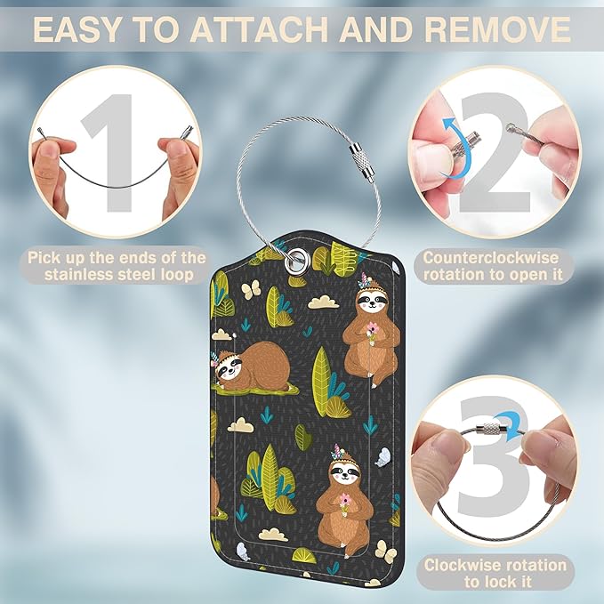 2 Pack Yoga Luggage Tags for Suitcases Funny Sloths Leather Luggage Tags Privacy Cover ID Label with Stainless Steel Loop and Address Card for Women Men Travel Bag Backpack