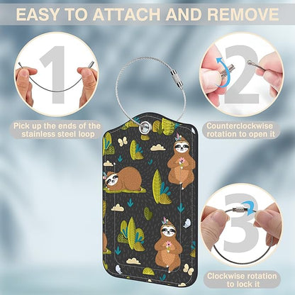 2 Pack Yoga Luggage Tags for Suitcases Funny Sloths Leather Luggage Tags Privacy Cover ID Label with Stainless Steel Loop and Address Card for Women Men Travel Bag Backpack