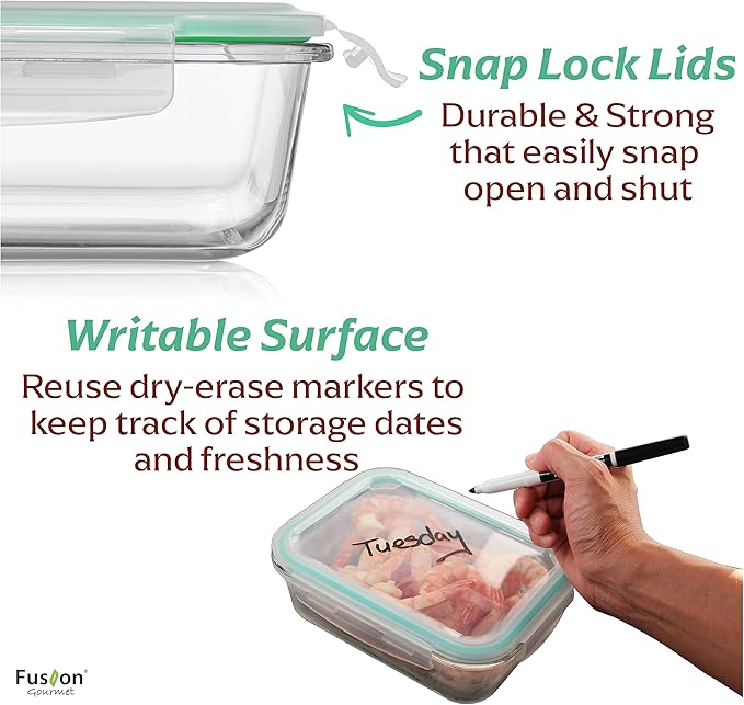 Fusion Gourmet Large Glass Food Storage Containers with Lids [5 Pack, 72 oz, 9 Cup], Airtight, Leakproof, Microwave and Oven Safe Borosilicate Glass