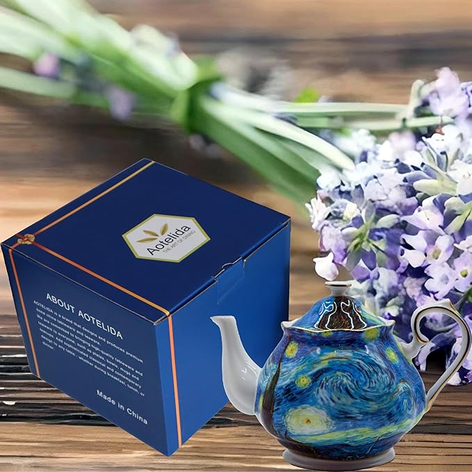 Teapot 30 oz Van Gogh Paintings Bone China Loose Tea Pot Floral Design Vintage Ceramic Coffee Water Pot European Style Porcelain (Starry Sky)