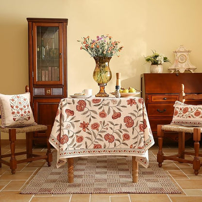 ISAENNE Designer French Long Tablecloth Rectangle,Linen Orange Floral Pattern Indoor Table Cloth,Wrinkle Resistant Decor Table Cloth for Dining Thanksgiving Kitchen Party,63"*102"-Alvarado D