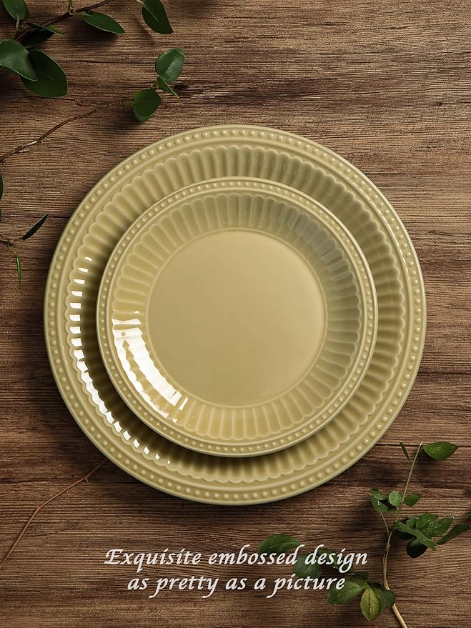 Famiware Garden Plates and Bowls Set for 6, 18-Piece Kitchen Dishes Dinnerware Set - Microwave and Dishwasher Safe, Scratch Resistant, Reactive Glaze and Embossed Stoneware Tableware, Yellow