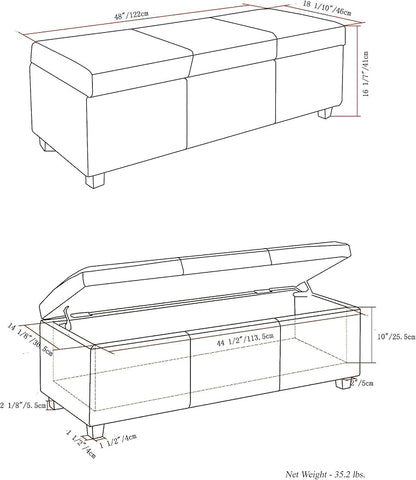 SIMPLIHOME Avalon 48 inch Wide Contemporary Rectangle Storage Ottoman Bench in Cloud Grey Linen Look Fabric, Assembled, for the Living Room, Entryway and Family Room