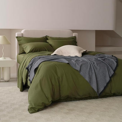 Double Stitch Cotton Tencel Duvet Cover - King Size Comforter Cover, Luxury & Soft Eucalyptus Lyocell Bedding Set for Hot Sleepers, Cooling, Smooth & Breathable, Button Closure, Olive Green, 106"x90"
