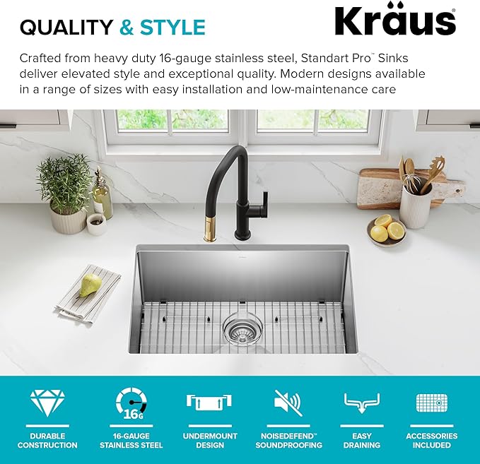 KRAUS Standart PRO 28-inch 16 Gauge Undermount Single Bowl Stainless Steel Kitchen Sink, KHU100-28