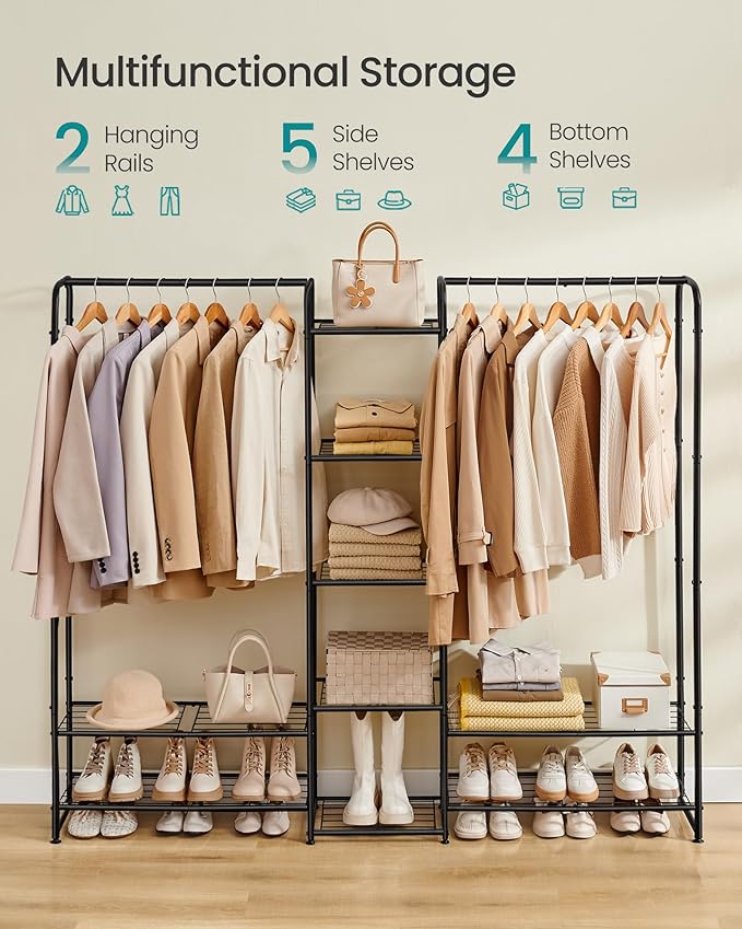SONGMICS Wardrobe Closet, 72 Inch Large Portable Closet, Clothes Rack for Hanging Clothes,Heavy Duty Garment Rack, Storage Organizer with Shelves, 72 x 11.4 x 62.4 Inches, Black ULGR463B01