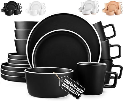 Zulay Kitchen Terra Stoneware Dinnerware Set, Artisanal Ceramic Plates and Bowls Set Crafted at 2300℉ - Service for 4, Black Matte with White Rim