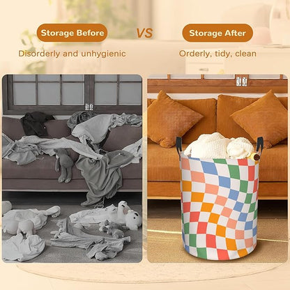 Checkered Laundry Basket,Colorful Retro Wavy Foldable Laundry Hamper Waterproof Oxford Cloth Tote Bag,Clothes Storage Bucket Decorative Toy Organizer For Bathroom Bedroom 16" x 20"