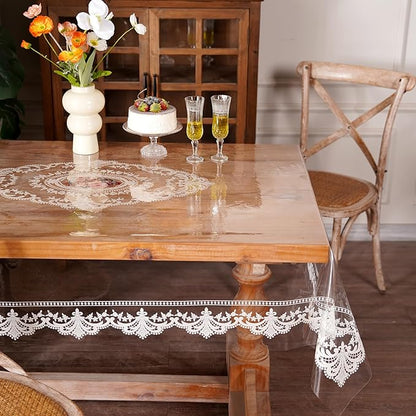 Waterproof Clear Table Cover Protector, Vinyl Rectangle Table Cloth with Lace Pattern Oil Spill Proof Wipe Clean Plastic Tablecloths for Dining Tables (French Lace, 55 x 84 Inches)
